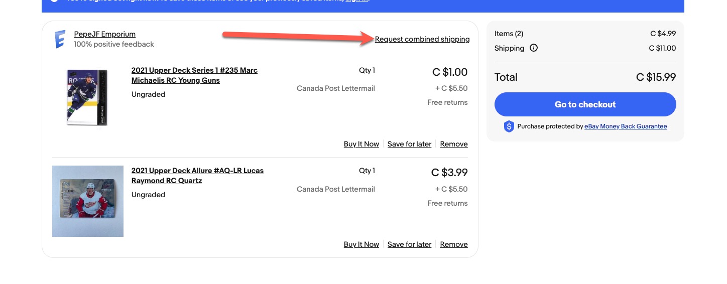 Request combined shipping in eBay cart